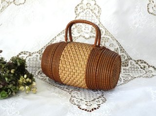 フランス 20世紀初頭 バレル型のアンティークパニエ 樽型のバスケット 小さな籐のバッグ