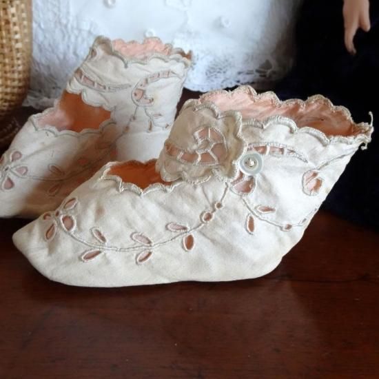 アンティーク ベビーシューズ | フランス コットンとシルク お花の