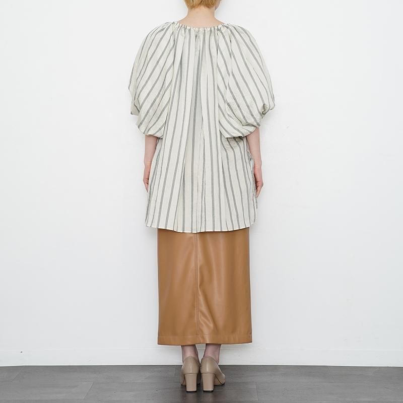 Uhr / ウーア】Striped Volume Sleeve Blouse Green Stripe - THIRTY