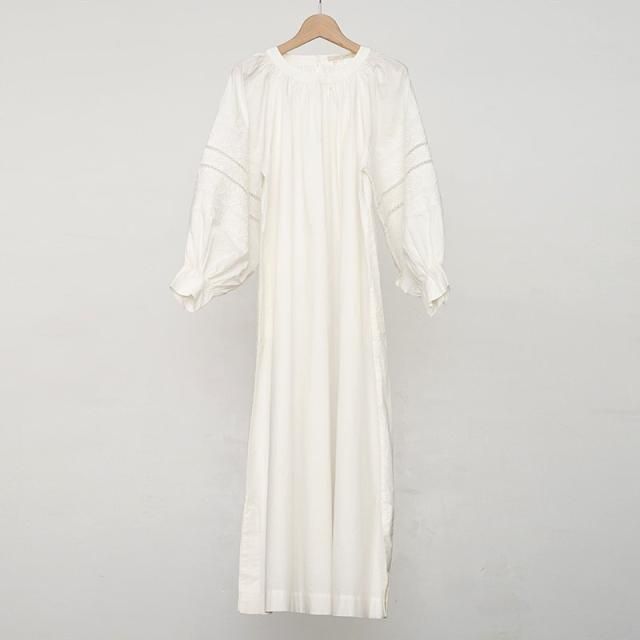 ne Quittez pas　Gather Sleeve Dress GEA1】ne Quittez pas □Cotton Voile Dot Leaf Embroidery