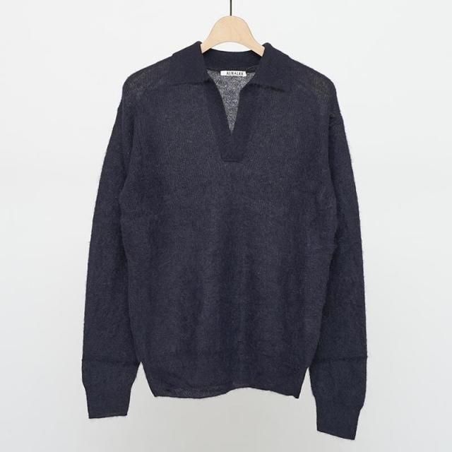 9/13()19:00䳫ϡۡ2025 A/WۡAURALEE ꡼BABY SURI ALPACA SHEER KNIT SKIPPER POLO NAVY