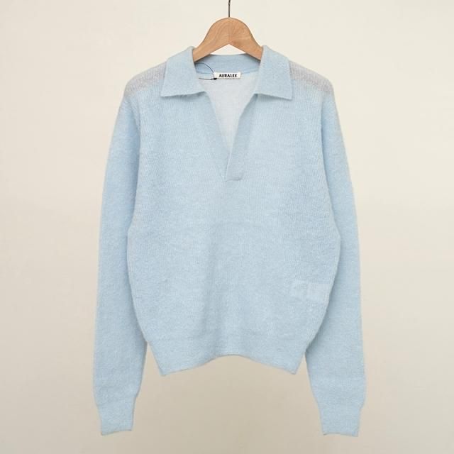 9/6()19:00䳫ϡۡ2025 A/WۡAURALEE ꡼ǥBABY SURI ALPACA SHEER KNIT SKIPPER POLO LIGHT BLUE