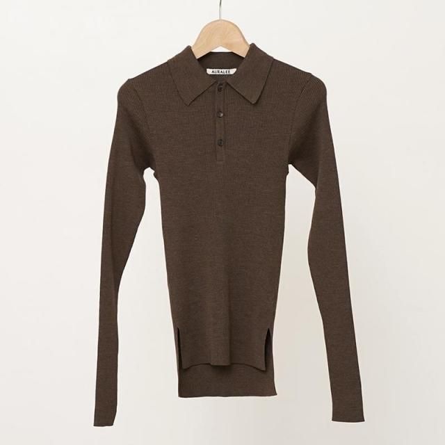 8/16()19:00䳫ϡۡ2025 A/WۡAURALEE ꡼ǥSUPER FINE WOOL HIGH GAUGE RIB KNIT POLO TOP BROWN