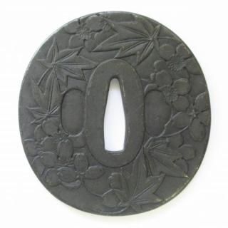 ☆時代 /武具！鉄地 鍔 松 鳥 川図案/鐔『菊川南甫 花押(菊川久