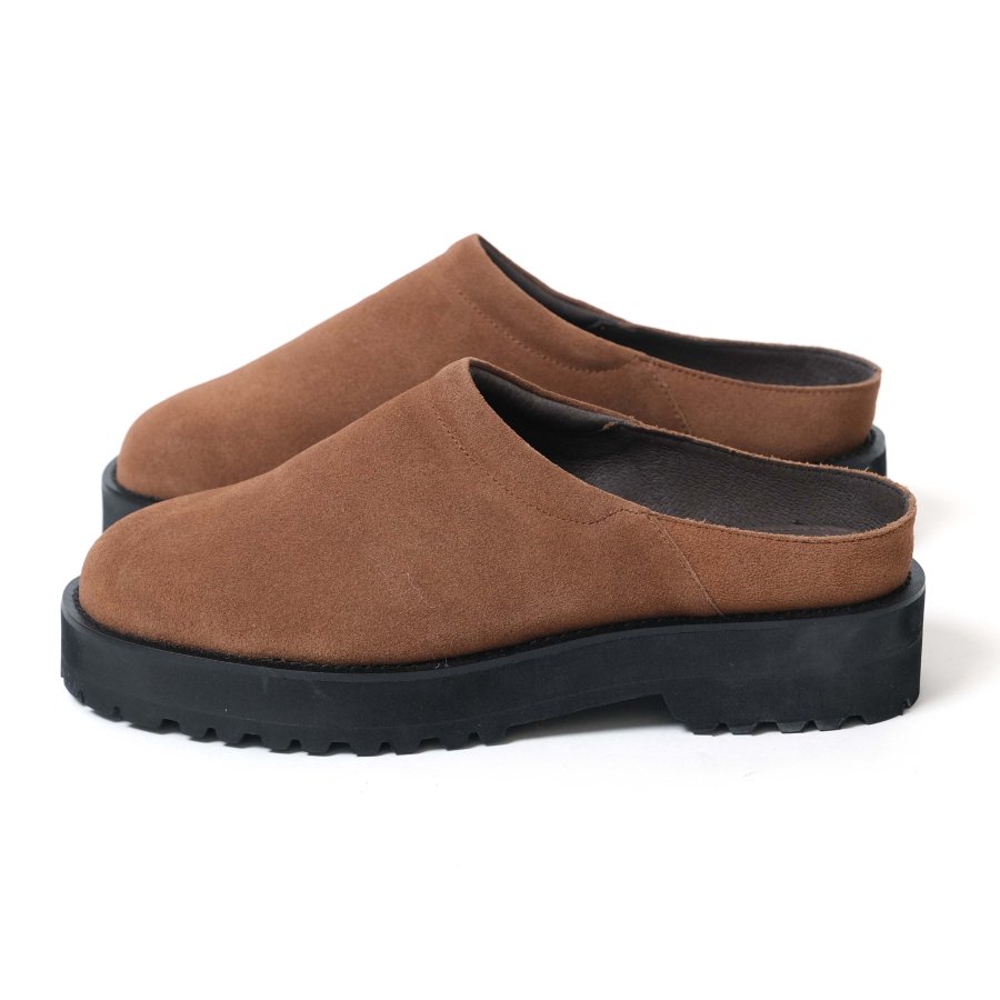 Simply complicated suede belted lug mule-