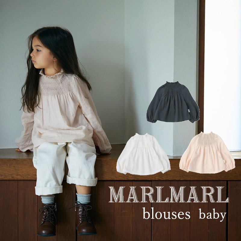 MARLMARL（マールマール）<br>blouses babyサイズ<BR> 長袖ブラウス<BR>shirring pink,white,navy <BR>8か月-3才
