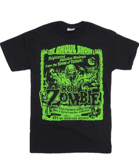 Rob Zombie/オフィシャルバンドTシャツ/Green Ghoul Showカラー：ブラック<br>サイズ：S〜L<br>グリーンのグールとロブのイラストのデザイン