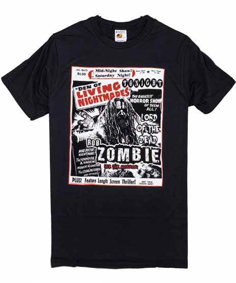 Rob Zombie/オフィシャルバンドTシャツ/Nightmare Mのみカラー：ブラック<br>サイズ：S,M<br>Dr Draculas Den of Living Nightmaresのフライヤー風デザイン。