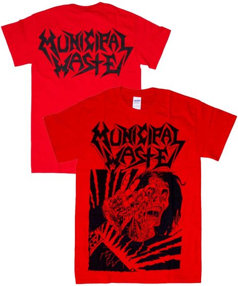 Municipal Waste/オフィシャルバンドTシャツ/Skelbot カラー：レッド<br>サイズ：S〜L<br>フロントにSKELBOT。バックにバンドの名のロゴのデザイン