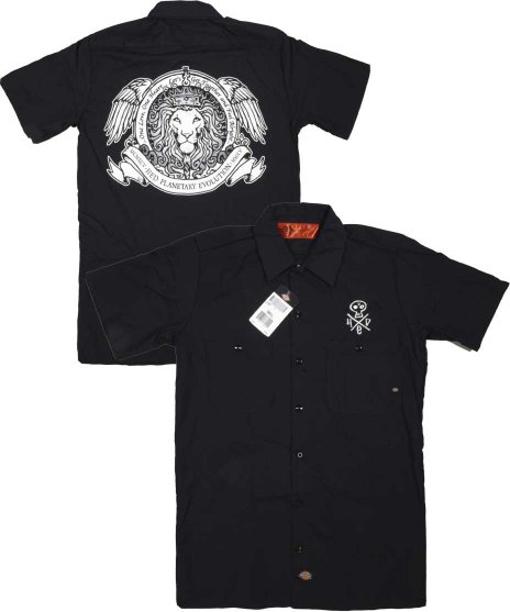 (hed)pe/オフィシャルバンドシャツ/スカル ライオンカラー：ブラック<br>サイズ：S〜L<br>HED PEのディッキーズ製ワークシャツ