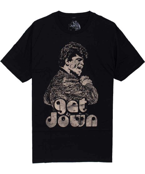 ジェームス・ブラウン/オフィシャルバンドTシャツ/Get Down カラー：ブラック<br>サイズS〜L<br>大きなジェームス・ブラウンのモノクロイラスト
