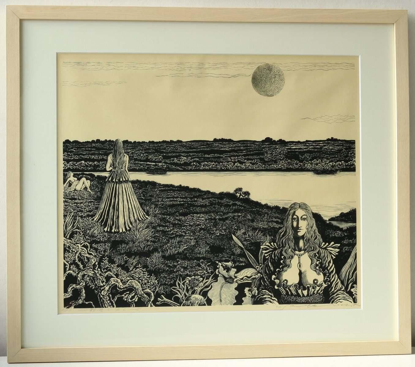 値下げ！多色刷り木版画「夕映えの村」 六十四葉集落図」シリーズからの阿波の鳴門の渦潮の眺め（