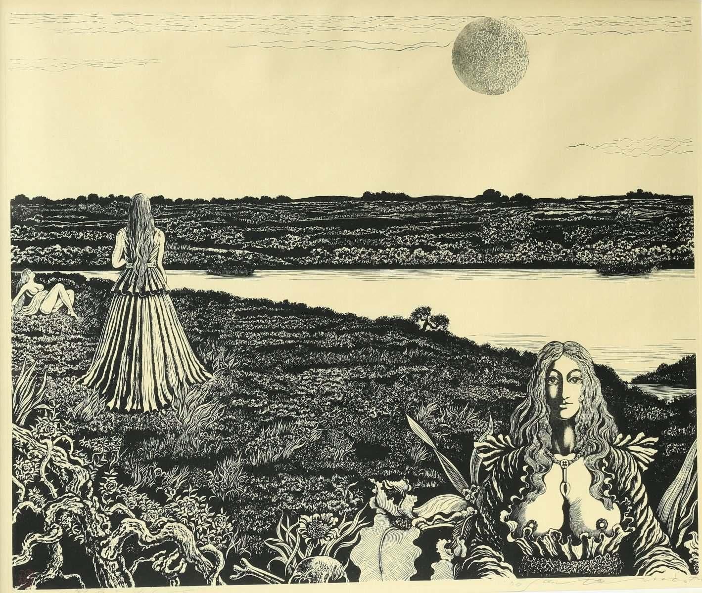 値下げ！多色刷り木版画「夕映えの村」 六十四葉集落図」シリーズからの阿波の鳴門の渦潮の眺め（