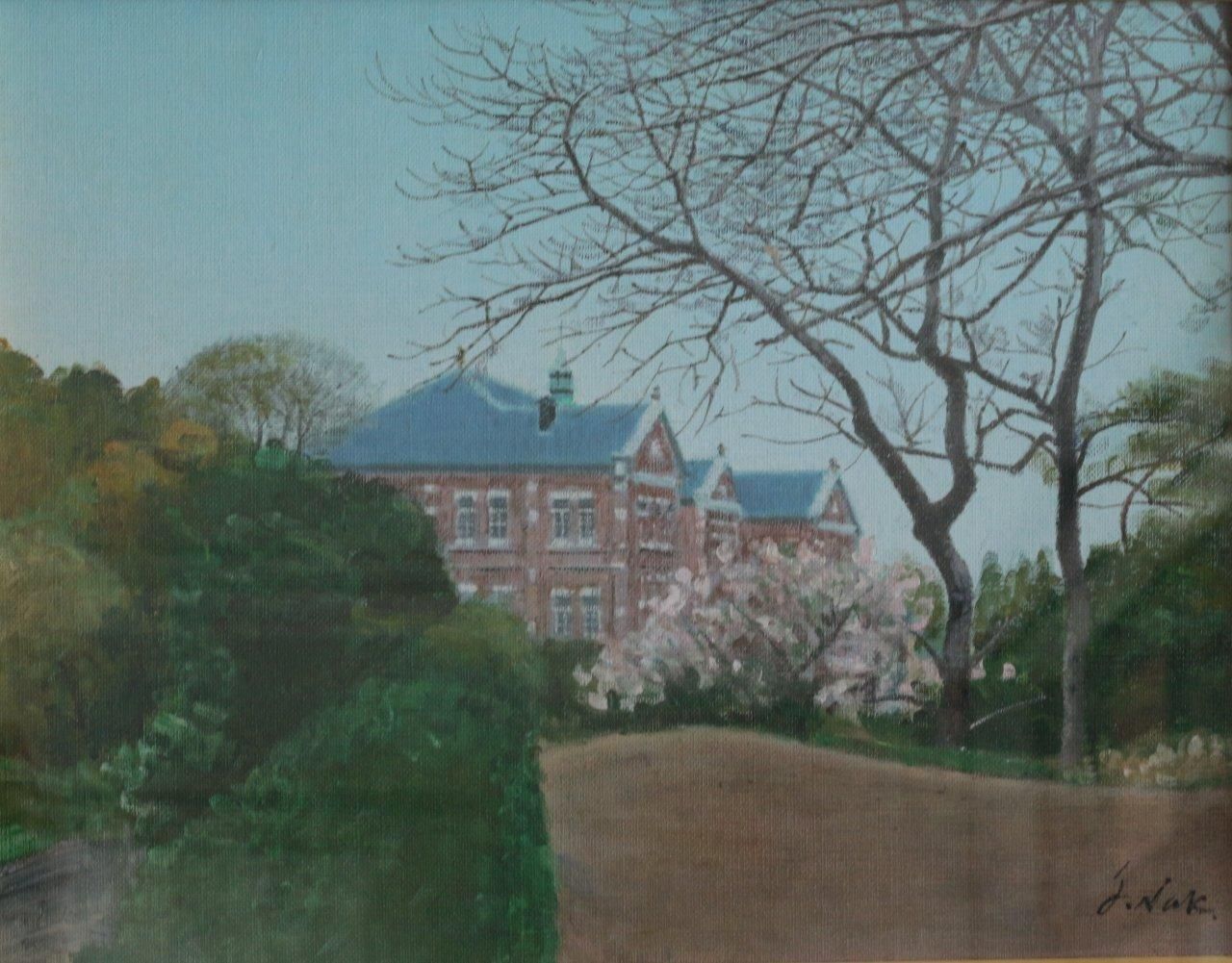 油彩 中山爾郎 「桜の咲く丘(工芸館) F6」 商品番号088- 絵の