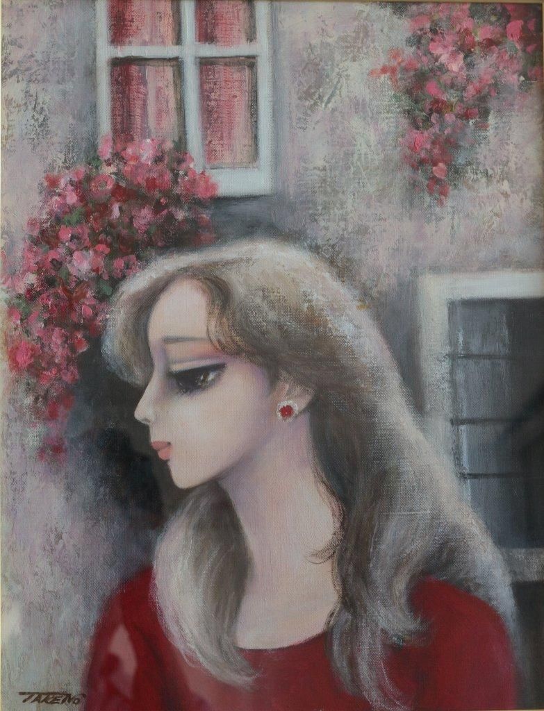 【真作】絵画　水落たけ乃　油彩8号　初夏　青き装いの麗人　和装美人画　U176 絵画 水落たけ乃 油彩8号 初夏 青き装いの麗人 和装美人画 U176