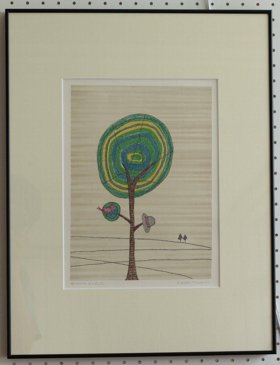 銅版画 南桂子 鳥と帽子と木 商品番号726- 絵のある暮らし・絵に