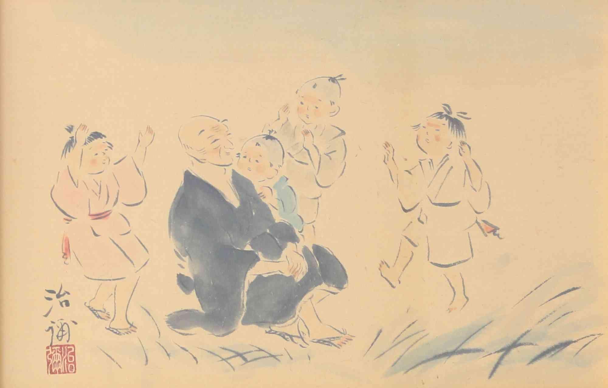 良寛さまと子供 景岡治弥 日本画 商品番号061 絵のある暮らし 絵になる暮らし 武田画廊 新潟市東区
