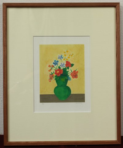 緑の花瓶と花々／小杉小二郎（リトグラフ版画）