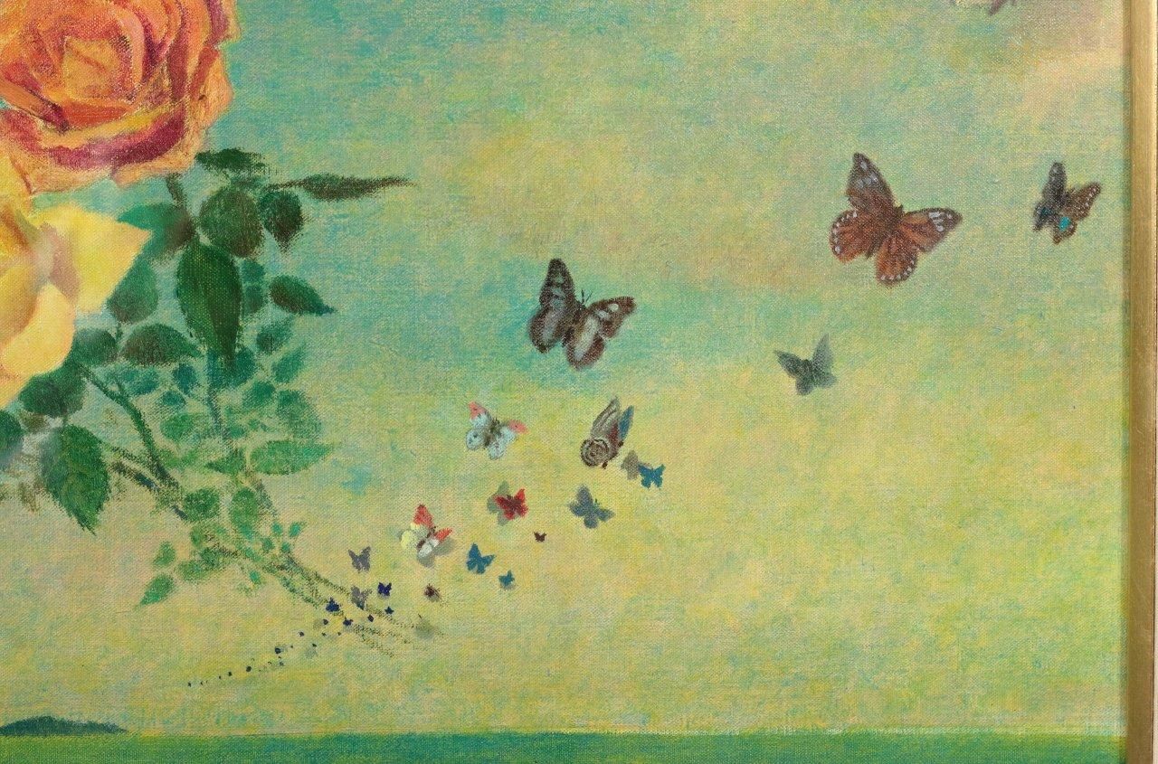 油彩 小原稔「雲の流れる日(薔薇と蝶) F12」商品番号06051401