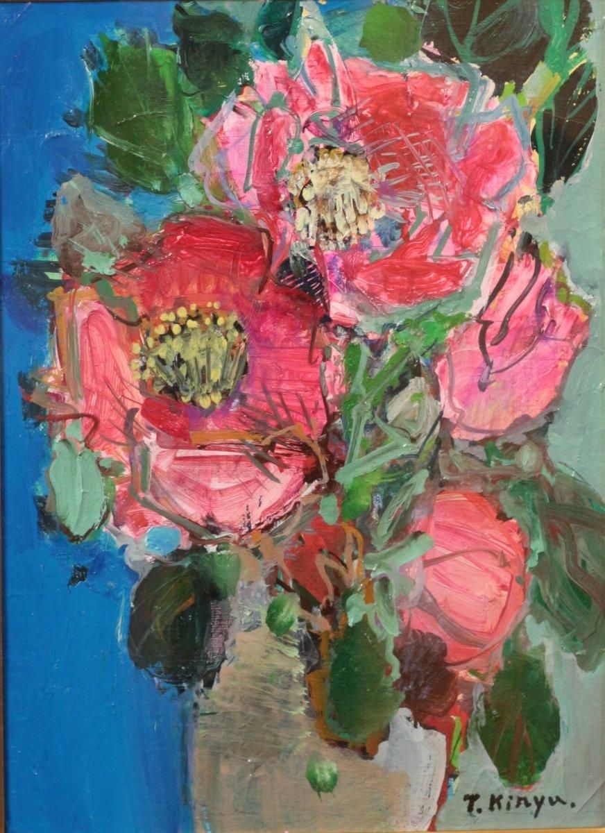 写実画　【青林檎　生花】油彩画　直筆サインあり モニーク・ジュルノー 原画 油彩画 洋なしと花束 直筆サイン有