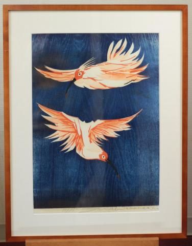 木版画　高橋信一「翔」　二羽の朱鷺 木版画 高橋信一「翔」 二羽の朱鷺