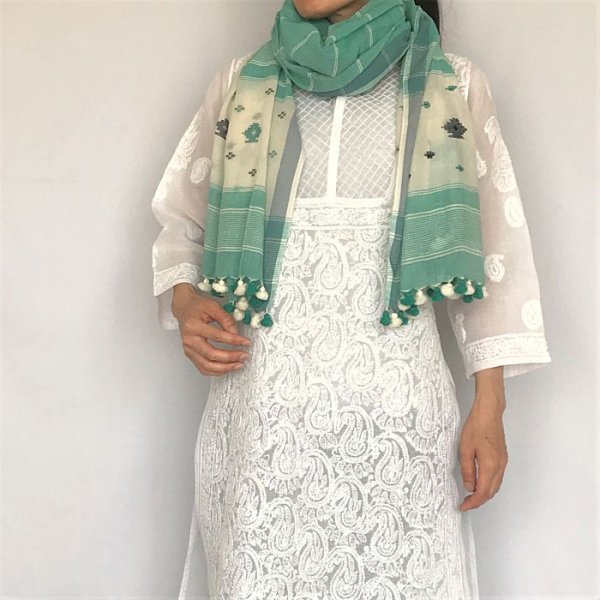20%引き)ジャムダニ織りコットン大判ストール グリーン×白 インドのファッションアイテム・雑貨の通販 チャンドニー