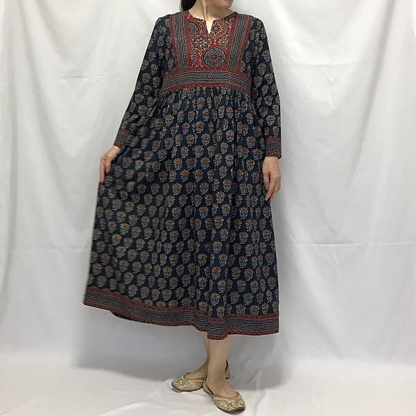 アジュラックヨークワンピース インディゴ Lサイズ - インドの