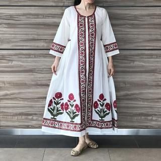 ブロックプリント ボパリワンピース レッド S/M/L/XLサイズ