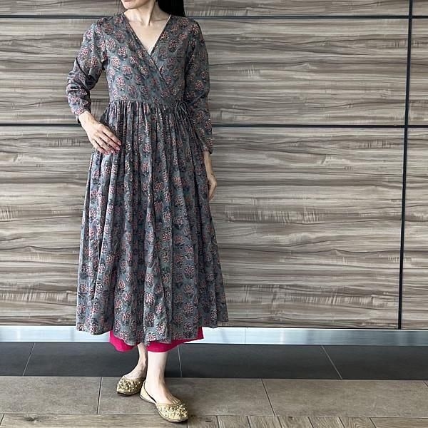 ブロックプリントカシュクールワンピース グリーン Lサイズ - インドの