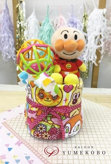 キャラクターおむつケーキ 1段 ぬいぐるみ お花タオル バルーン夢工房 岡山にあるバルーンとおむつケーキのお店
