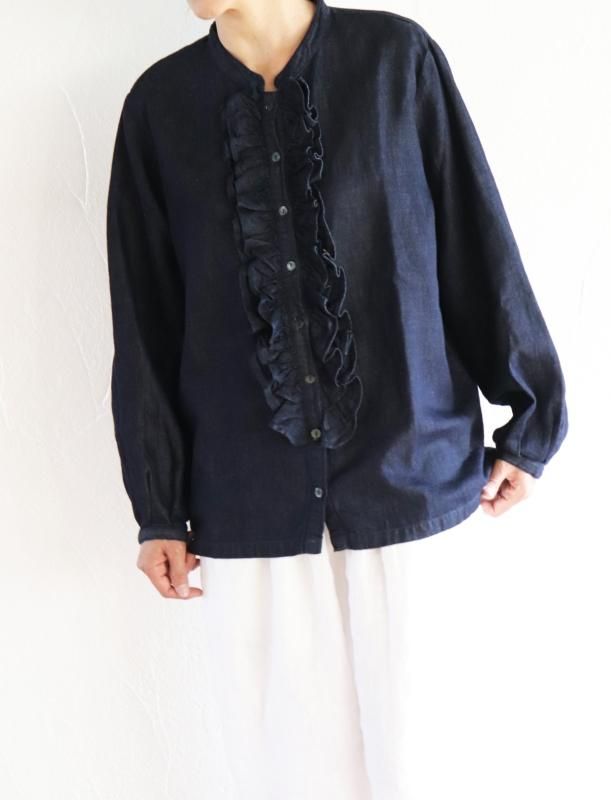 フリルブラウス リネンデニム - TAKASHIRO SENKO online shop フリルブラウス リネンデニム - TAKASHIRO SENKO online shop