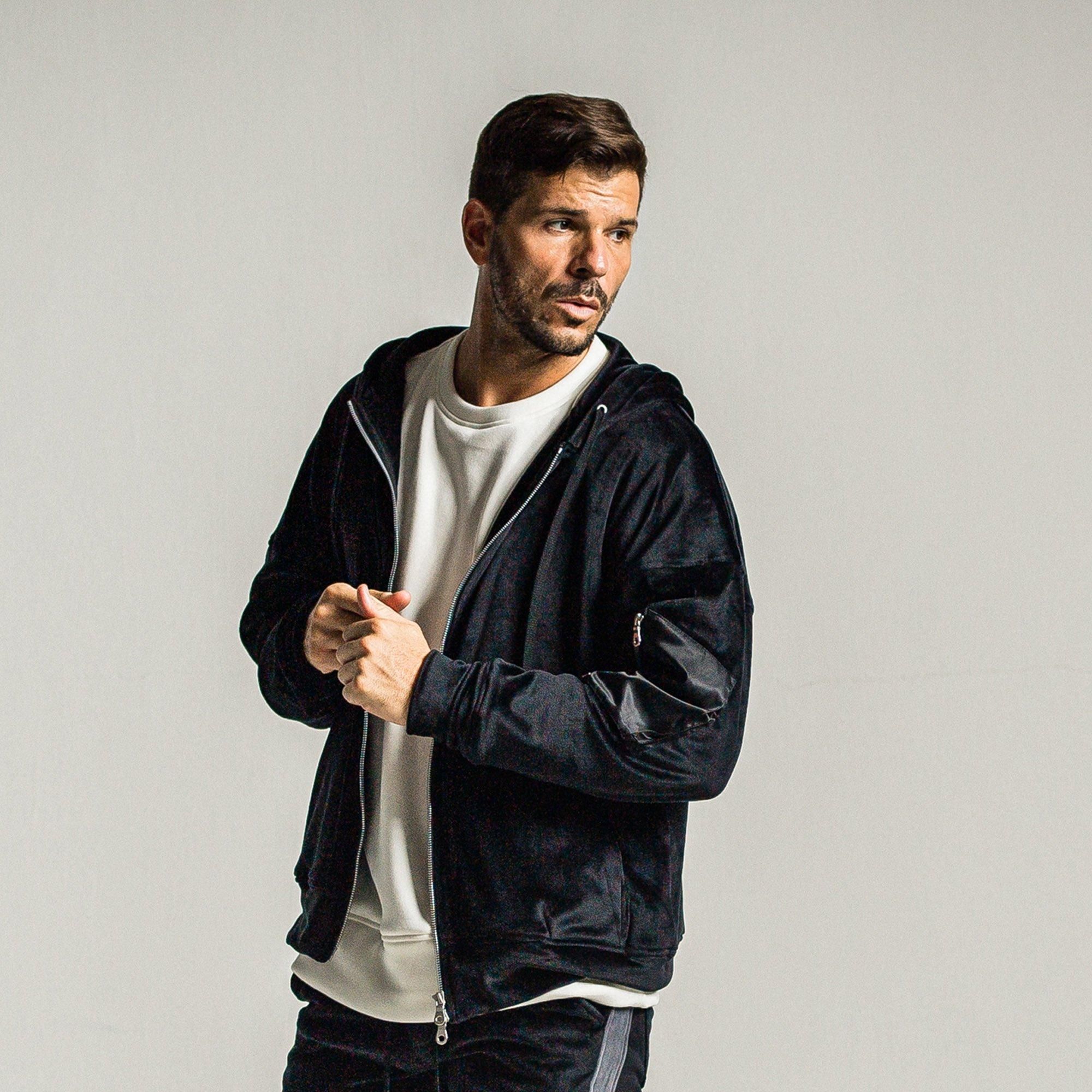 veloursfleece zip loose hoodie BLACK