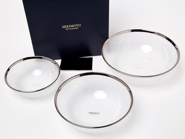 注目の 送料無料】ミキモト フロストガラスボウル3個 プラチナ加飾 調理・製菓道具