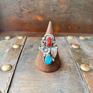 【VINTAGE SILVER TURQUOISE×RED CORAL RING 11号】