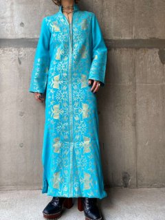 【1970s GREEK EMBROIDERY DRESS TURQUOISE BLUE】
