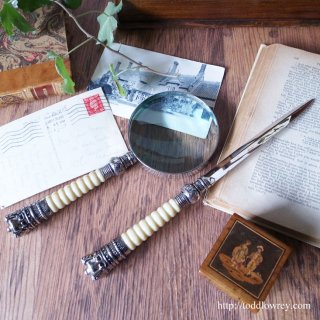 王冠を掲げたデスクセット/Vintage Magnifying glass & Letter opener with Crown Ornament