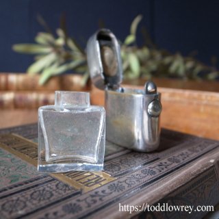 Antique Edwardian Portable Inkwell Glass Bottle in Metal Case 