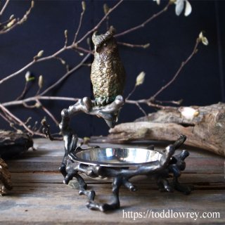 19世紀の夜の森から / Antique Pin Dish Owl on Branch with Silver Tray