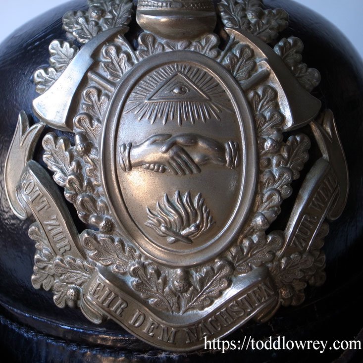 神の誉れとなり隣人の守りとならん / Antique German Fireman's Helmet - Todd Lowrey Antiques