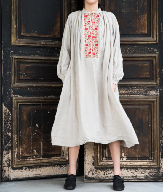 訳あり 藍染めリネン ハレルヤ HALLELUJAH 羊飼い刺繍シャツワンピース