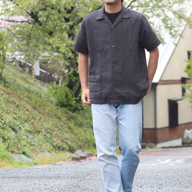 WORKERS/ワーカーズ Open Collar Shirt, Black Linen
