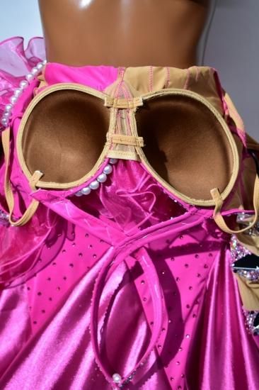 ピンク 社交ダンスドレス スタンダードドレス HU ショッキングピンク羽根 Mサイズ 230318