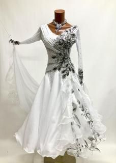 社交ダンスドレス ホワイトビーズ装飾長袖ダンスドレス Mサイズ デザイナーズスタンダードドレス - ドレスショップ シーズ