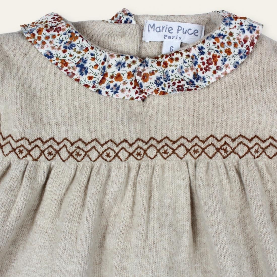 フランス MariePuce ライトベージュ ジャージー素材 手刺繍