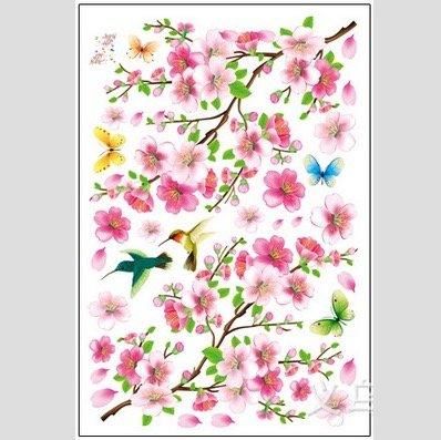 41ウォールステッカー 春満開 桜と蝶と鳥たち 壁シール 和風 ピンク