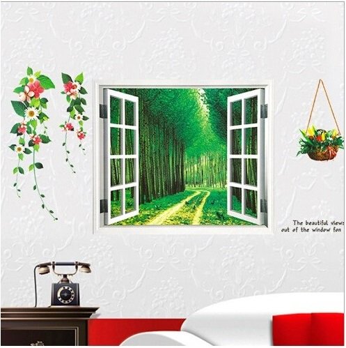 ウォールステッカー 窓 森林の風景 斜め道 壁シール 鮮やかな緑と花 自然 景色