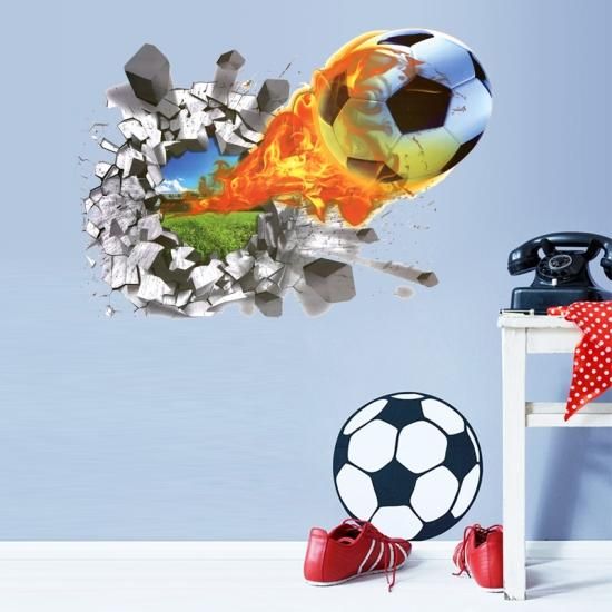 41ウォールステッカー 壁を破るサッカーボール 3D お洒落 火を噴く球