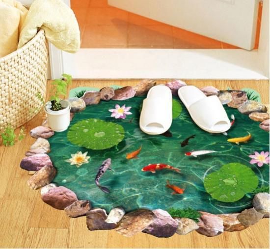 41ウォールステッカー 池の鯉 蓮の花 3D 剥がせる 床 リアル だまし絵