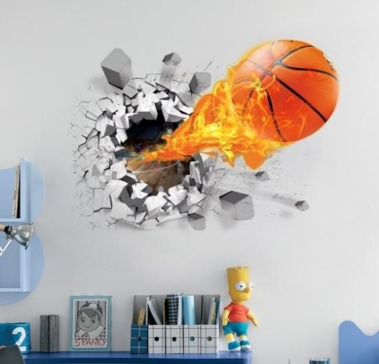 背景のウォールステッカーの3Dウォールステッカー 41ウォールステッカー 壁を破る バスケットボール 3D 火を噴く球
