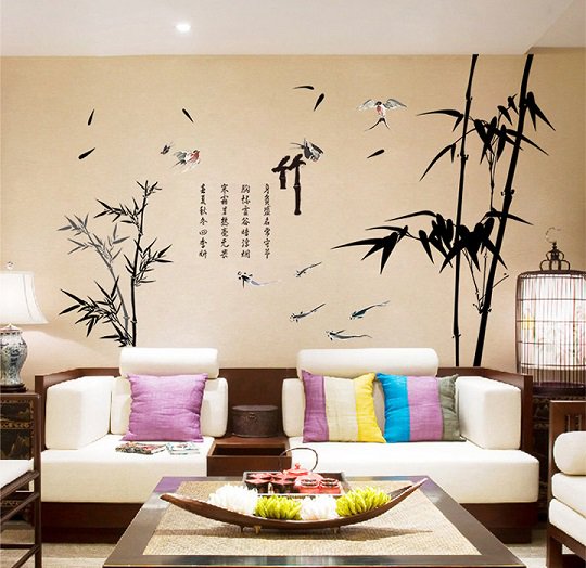 41ウォールステッカー 黒い竹と鳥 漢字 和風 笹の葉 居間 和室装飾 七夕